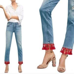 Anthropologie Women's Pilcro Mid-Rise Slim Boyfriend Crop Red Tassel Hem Jean 28